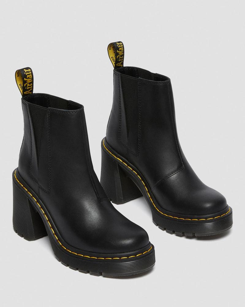 Black Women's Dr Martens Spence Leather Flared Heel Heeled Boots | CA 146VRW